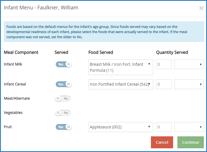 This image shows an individual infant menu in KidKare. 