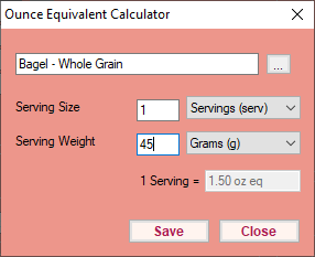 An image of the Ounce Equivalent Calculator for Minute Menu CX, showing a Bagel. The serving size entered is one serving, and the serving weight is forty-five grams. The total ounce equivalents displays one and a half ounce equivalents.