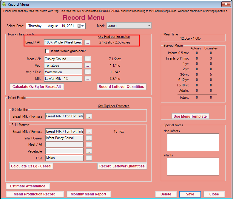 A screenshot showing the Record Menu window in Minute Menu CX. A red box outlines the Bread/Alt component for non-infants. The Quantity Required per Estimates column shows two and a half slices, a dash, and then two point five ounce equivalents.