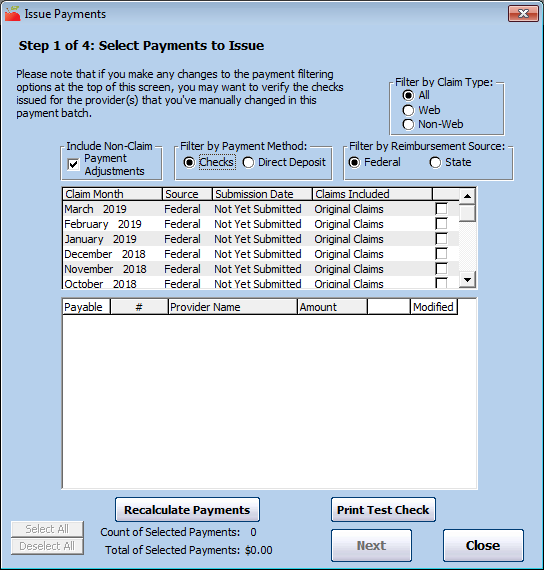 A screenshot showing the Issue Payments window in Minute Menu HX. It is on the first step. The window is blue and contains several filters, and a payment list that is not populated. Be your customers' biggest hero by using this tool.