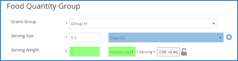 An image showing Food Quantity Group. The Grains Group is set to Group H, the Serving Size is set to one half cup, and the serving weight is set to two ounces. 