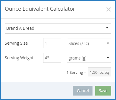 An image of the Ounce Equivalent Calculator for KidKare, showing Brand A Bread. The serving size entered is one slice, and the serving weight is forty-five grams. The total ounce equivalents displays one and a half ounce equivalents.