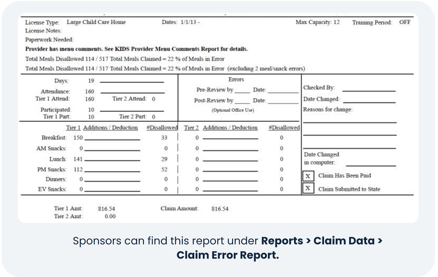 Claim Error Report