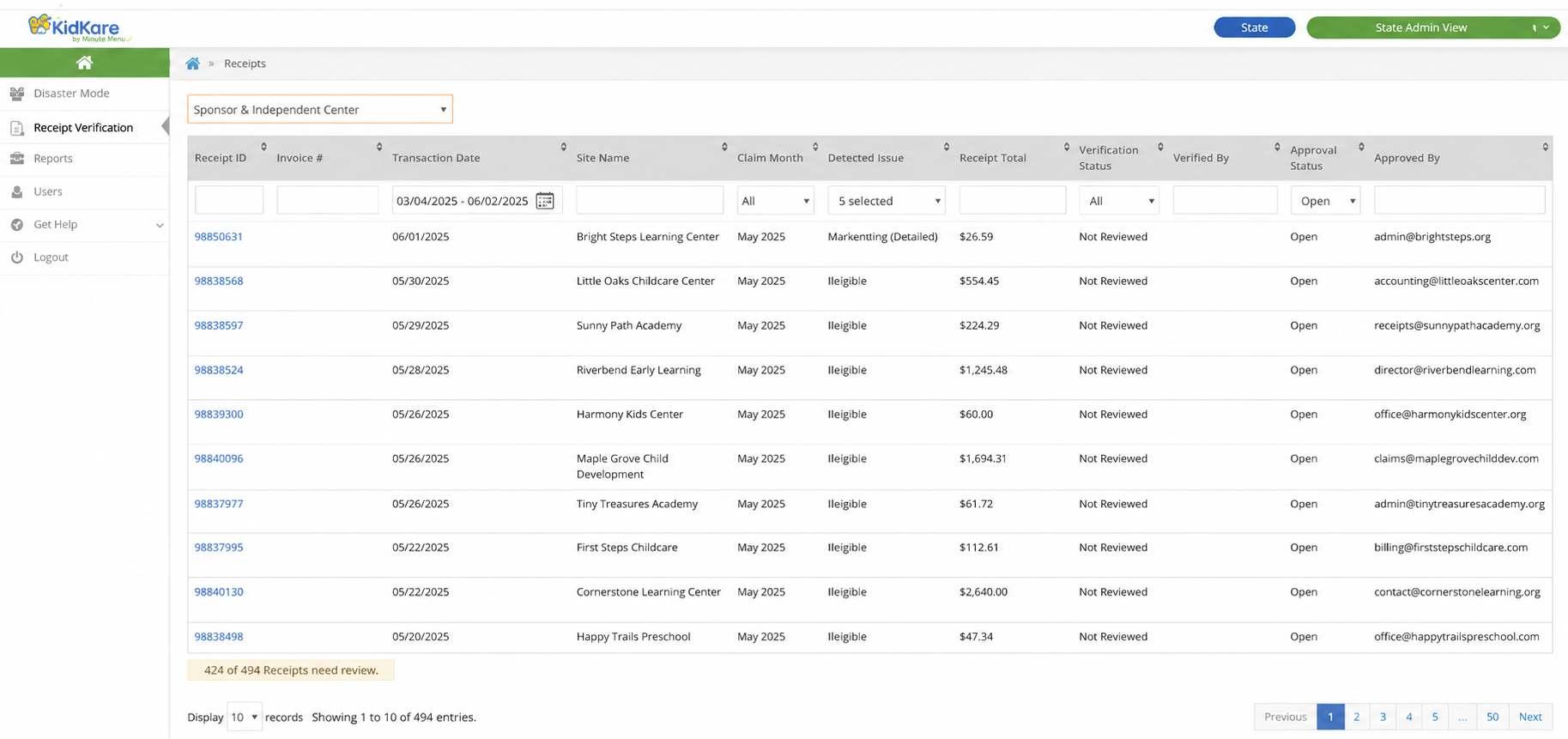 State view of submitted receipts for review